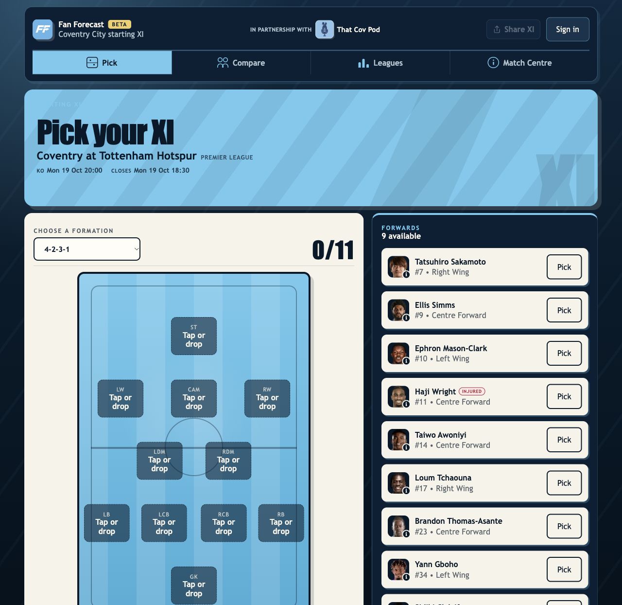Continuous screenshot of the live Fan Forecast website showing the fixture, starting XI pitch and available squad
