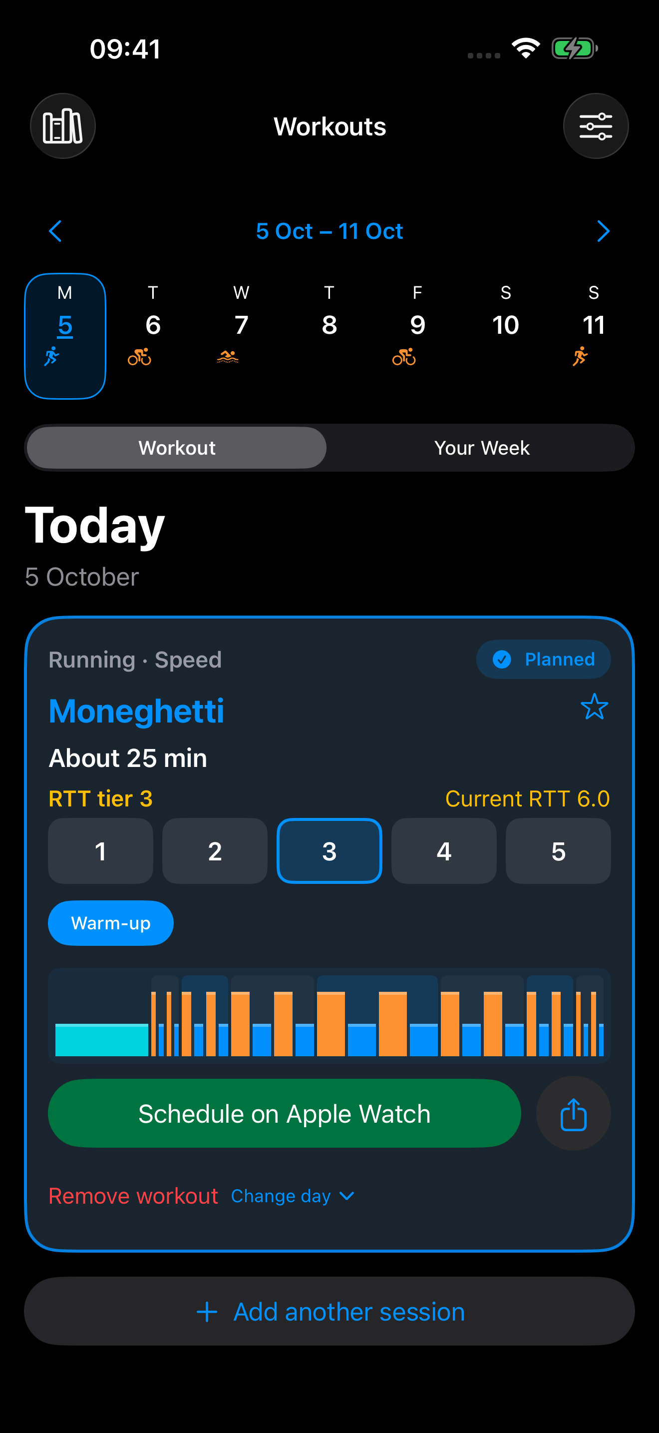 Real Training Today app showing a structured running workout and Apple Watch scheduling